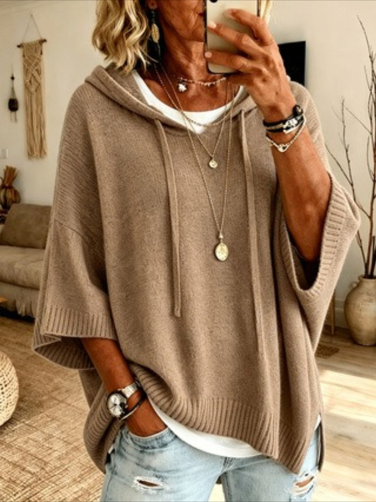 Solid Color Casual Hooded Batwing Sleeve Knit Sweater