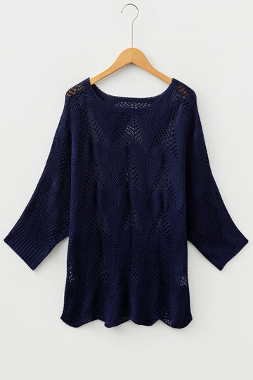 Navy Blue Hollow Out Knit 7/8 Sleeve Casual Sweater