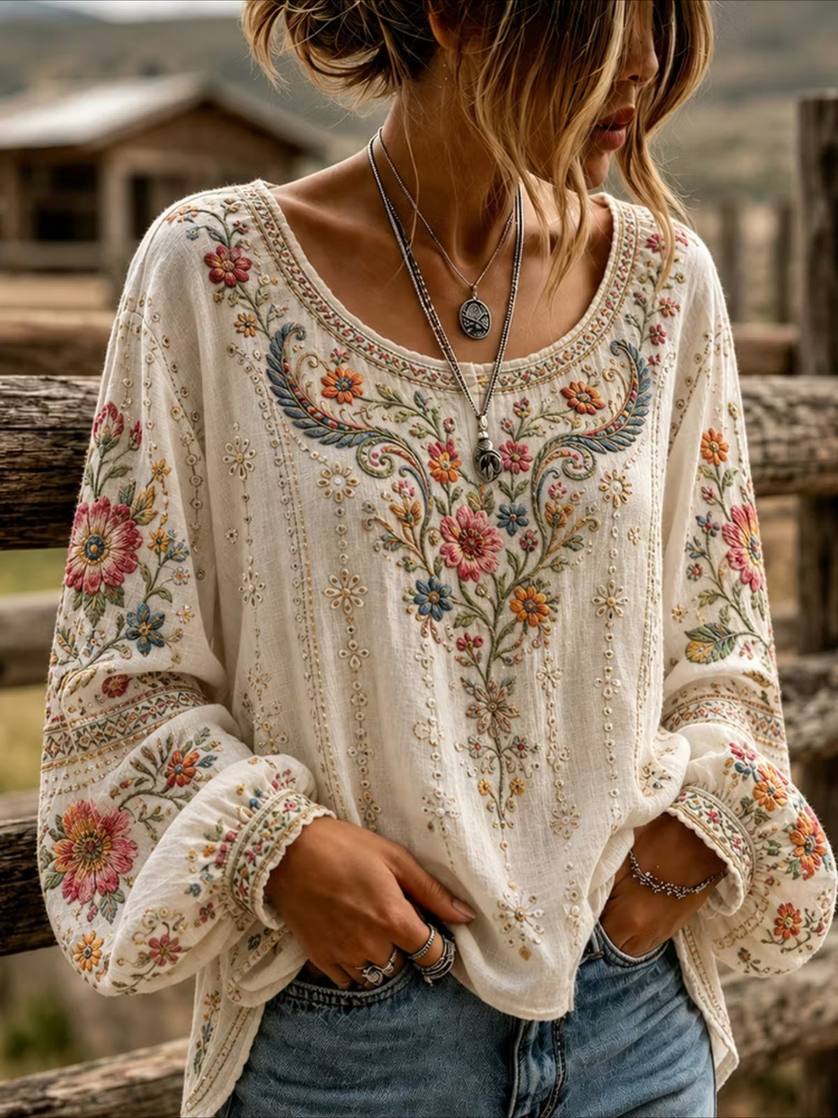 Floral Crew Neck Long Sleeve Blouse