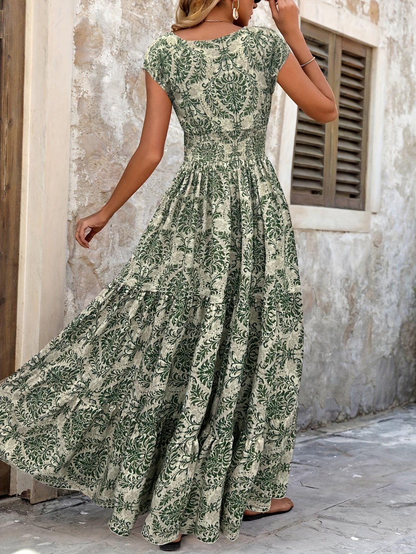 Spring Summer Printed Patchwork V-Neck Long Dress