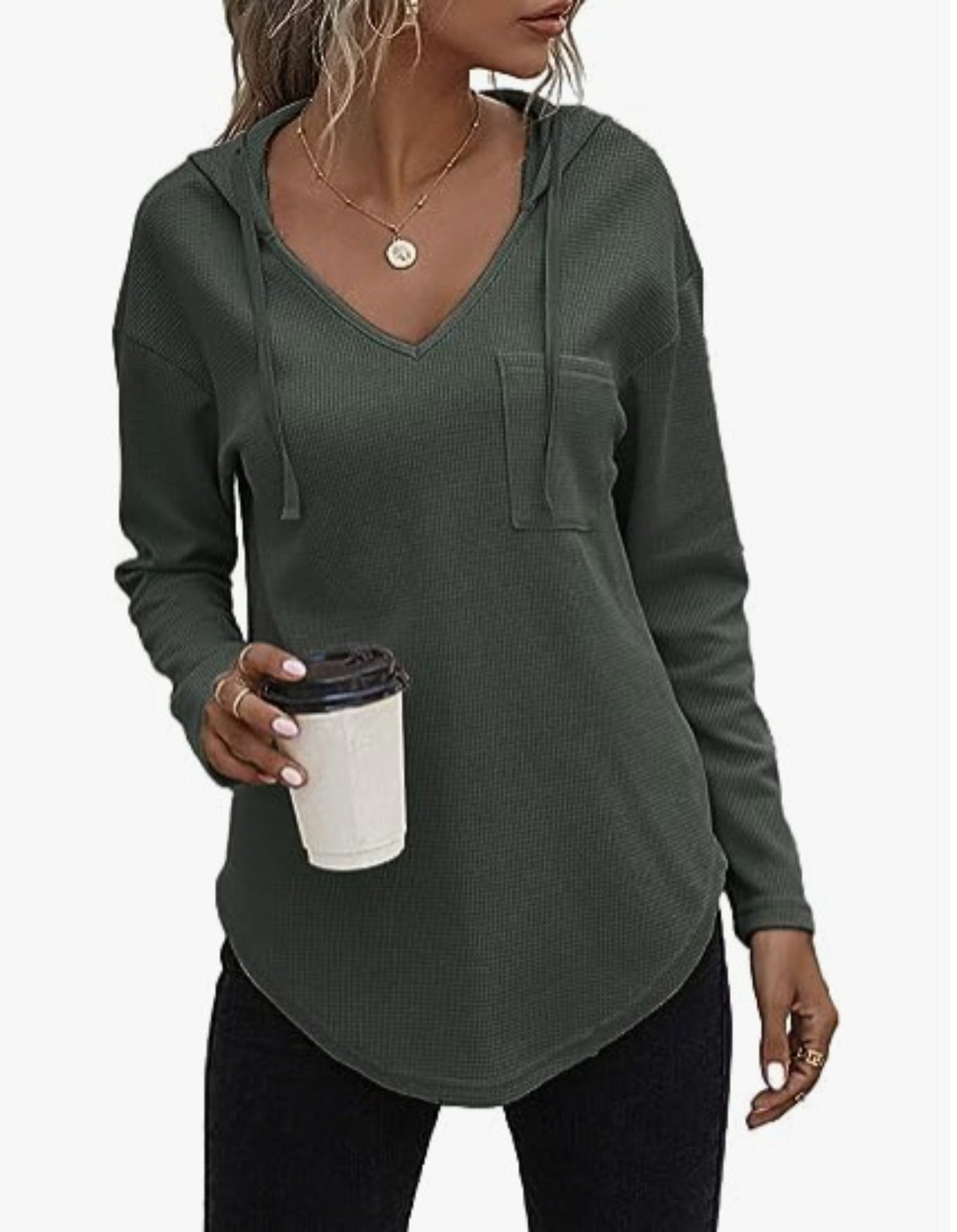 Drawstring Solid Waffle Hoodies, Casual V Neck Long Sleeve Sweatshirt With Pocket