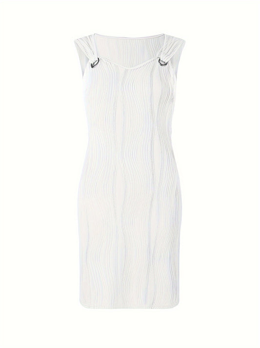 Wavy Stripe Solid Dress, Casual V Neck Sleeveless Mini Dress