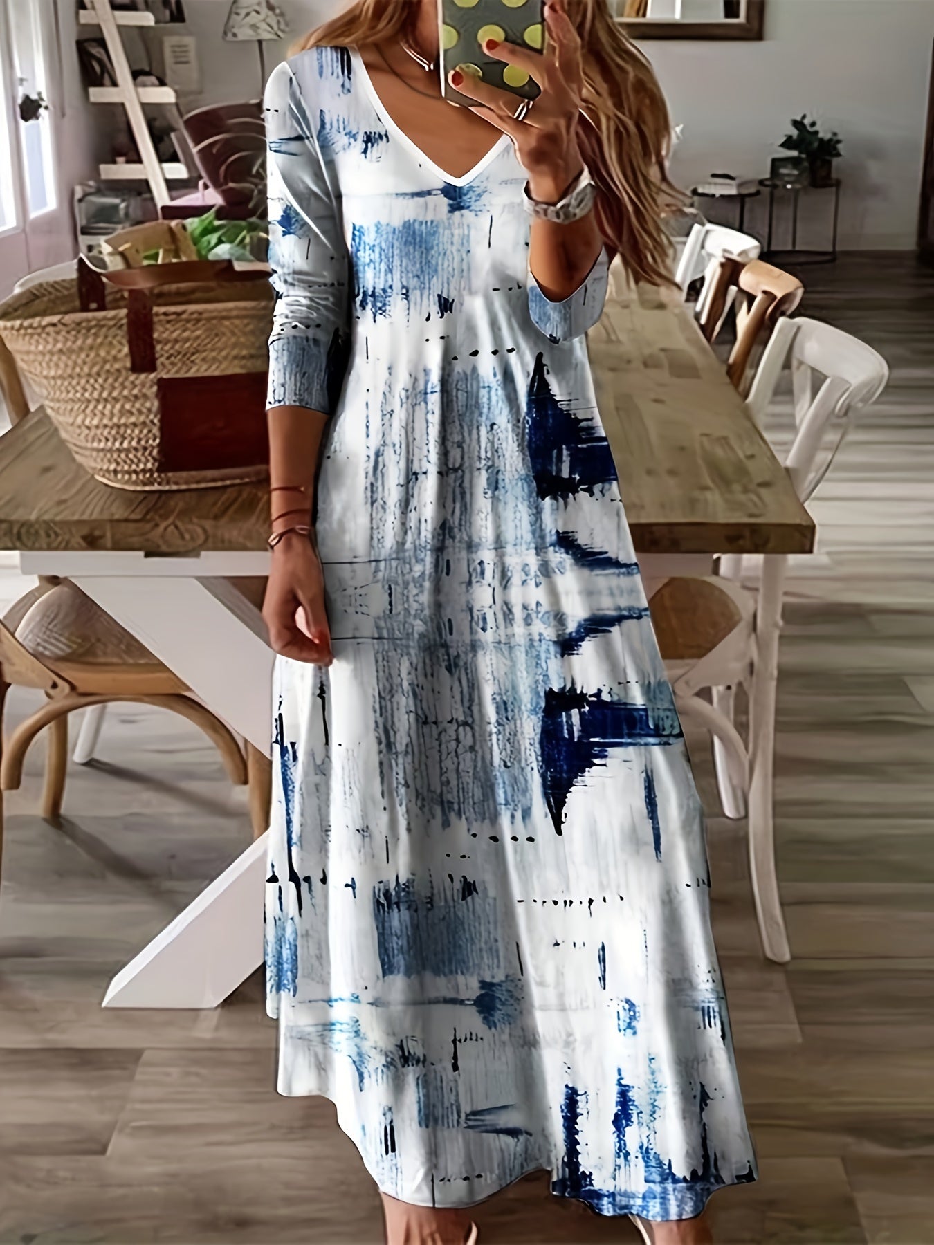 Abstract Print Dress, Casual V Neck Long Sleeve Maxi Dress
