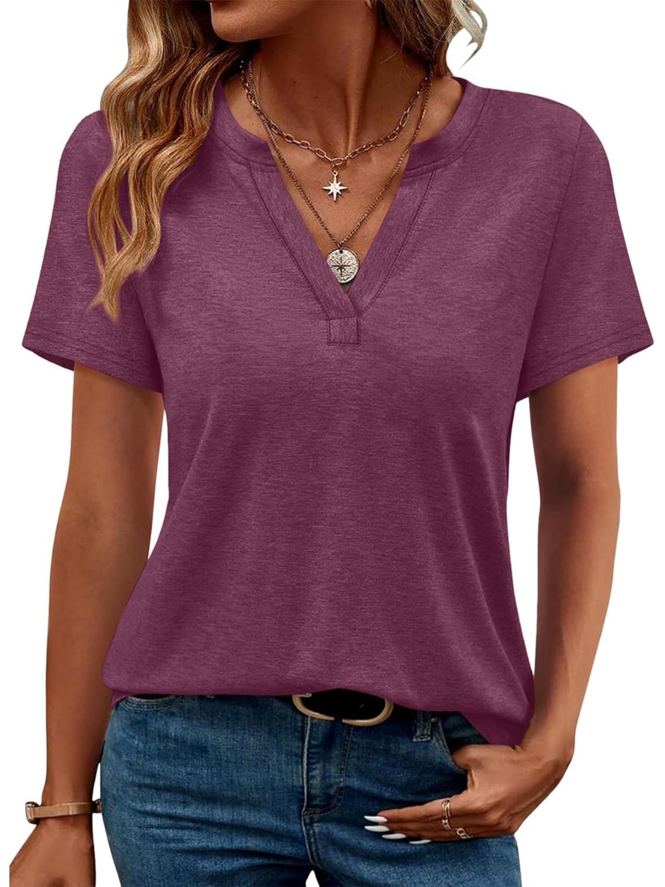 Solid Color Short Sleeve V Neck T Shirt