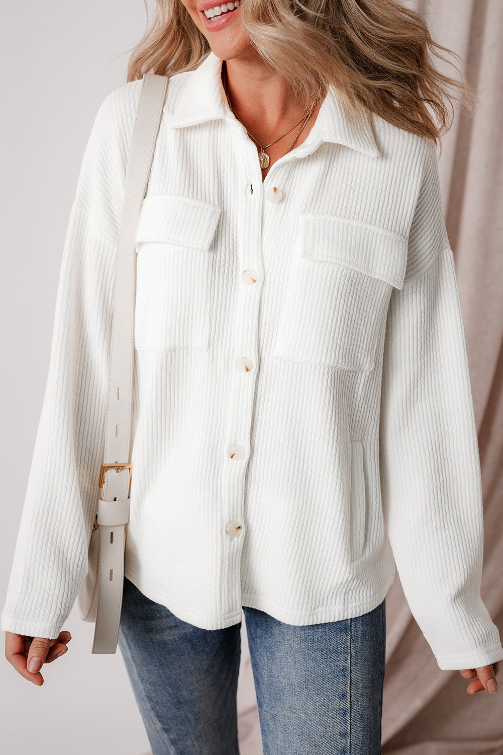 White Solid Color Corduroy Buttoned Long Sleeve Jacket