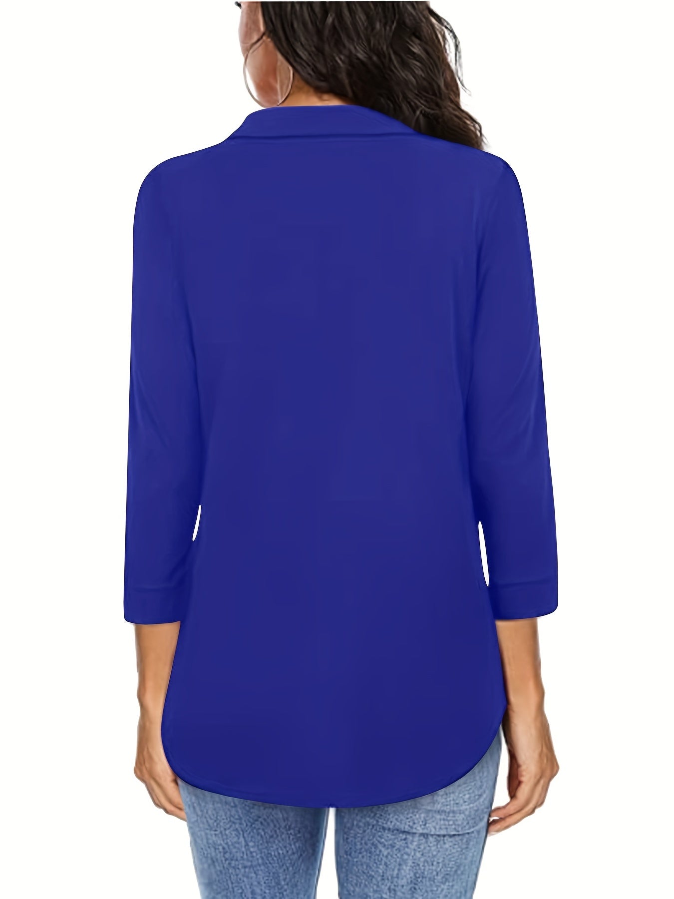 Solid V-neck Blouse, Casual 3/4 Sleeve Blouse