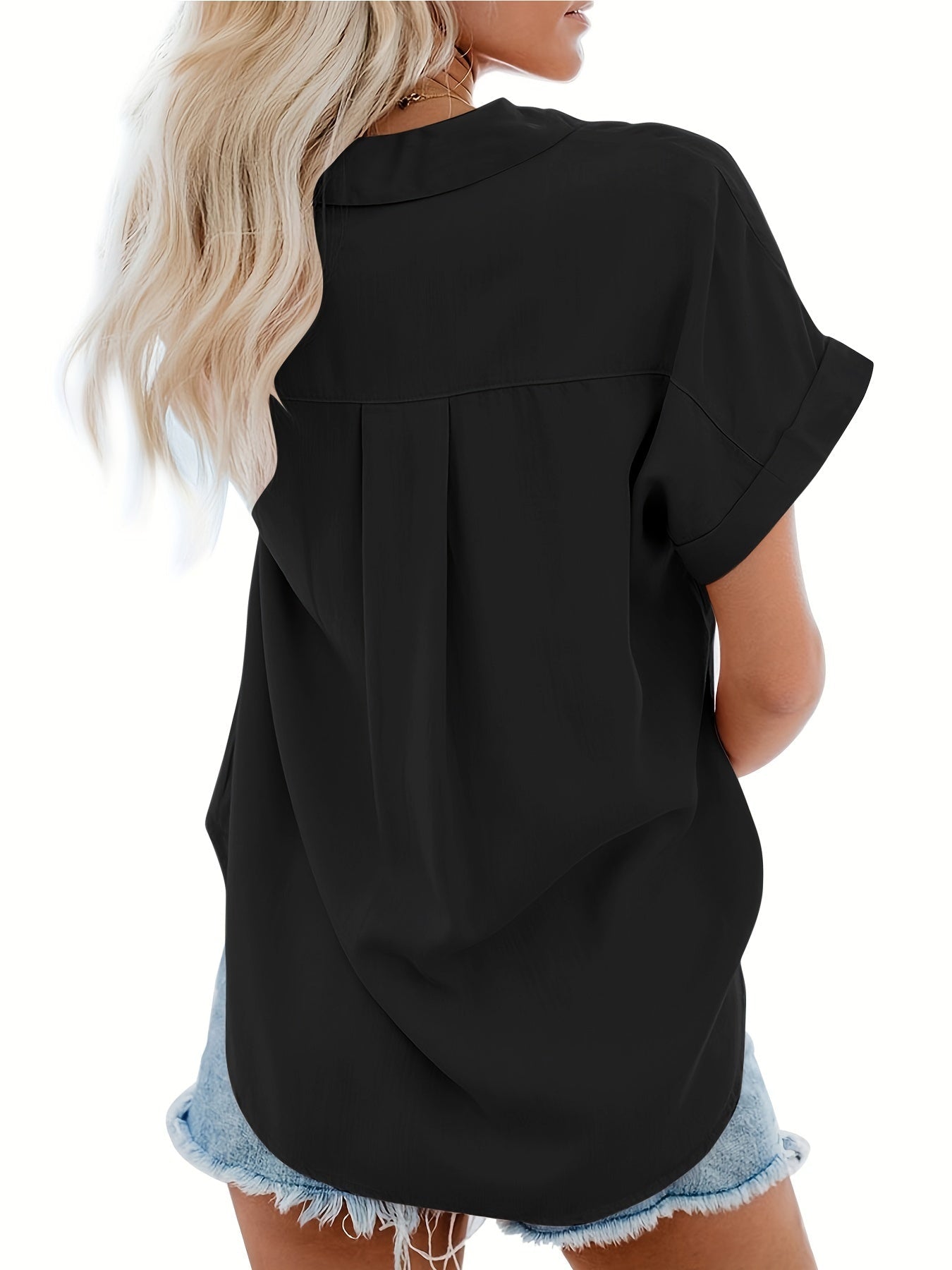 V Neck Collared Button Blouses, Casual Pocket Short Sleeve Fashion Loose Shirt