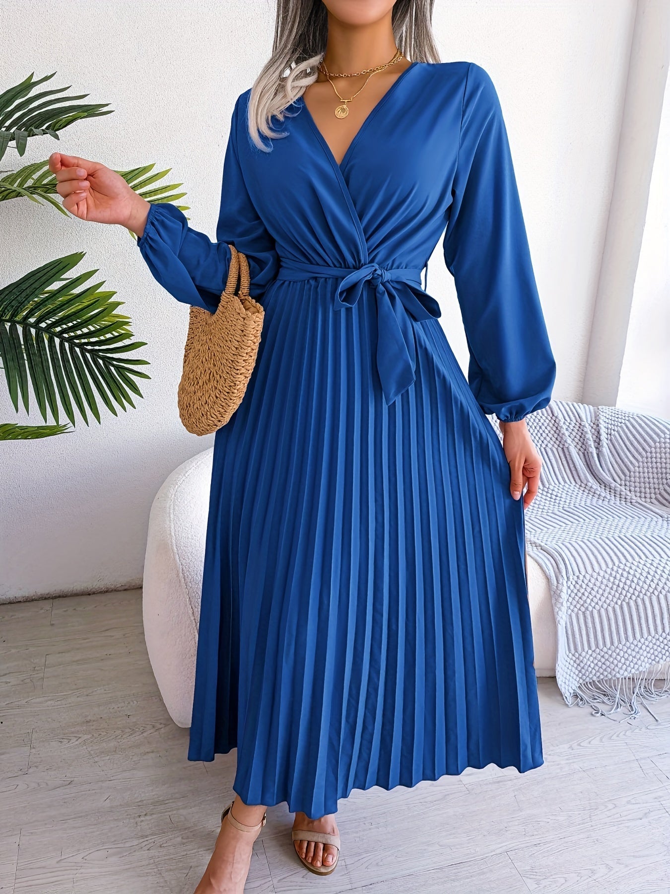 Pleated Surplice Neck Dress, Elegant Long Sleeve Solid Dress, Women's Clothing