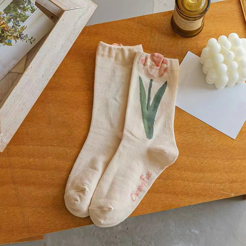 4pairs Floral Socks Set, Women Cute Flower Geometric 3D Textured Ankle Cotton Blend Cottagecore Lucky Socks