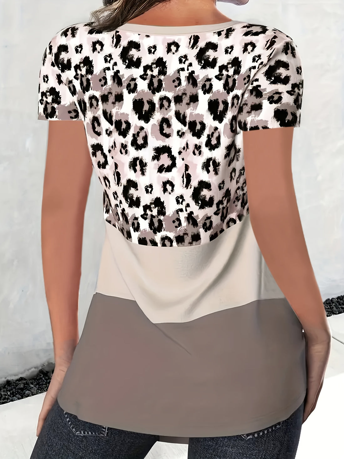 Leopard Print Color Block T-Shirt, Casual V Neck Short Sleeve Top