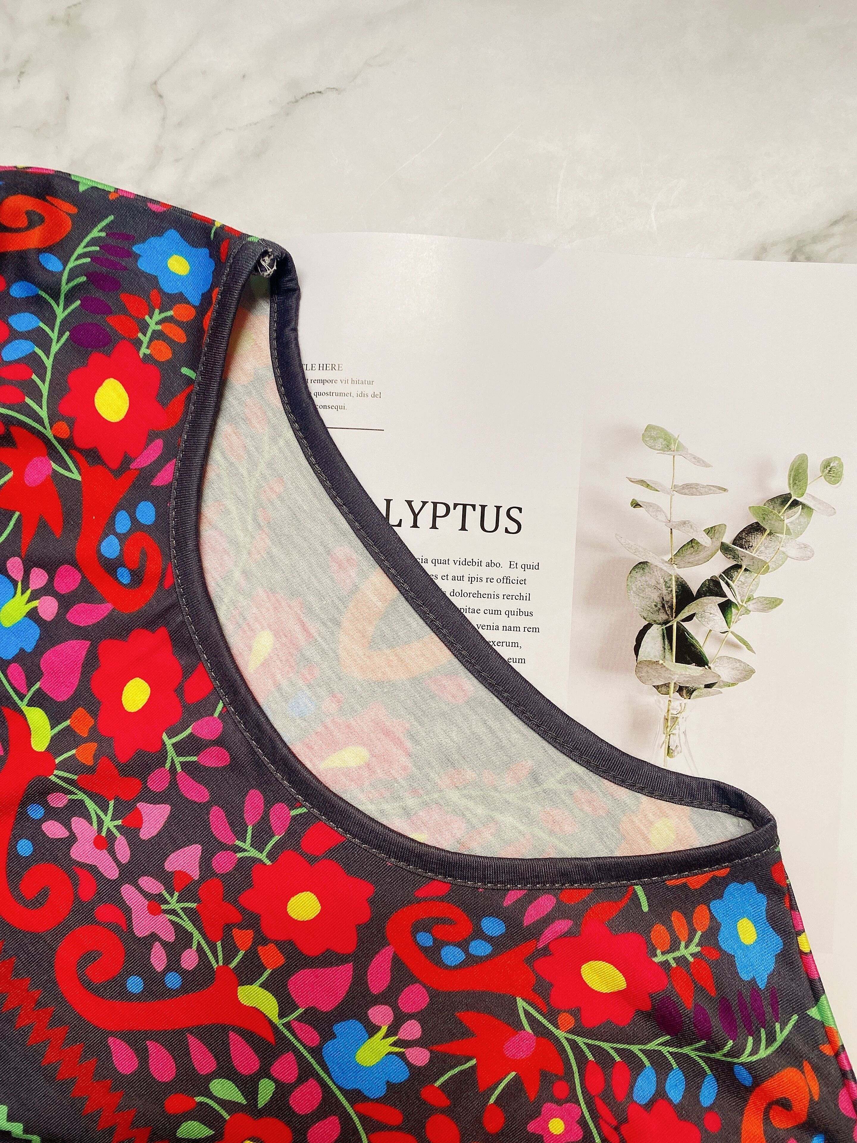 Floral Print Ethnic T-shirt, Boho Crew Neck Short Sleeve Summer T-shirt