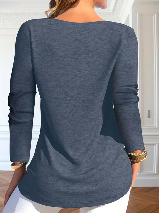 Button Decor Square T-Shirt, Casual Lace Stitching T-Shirt