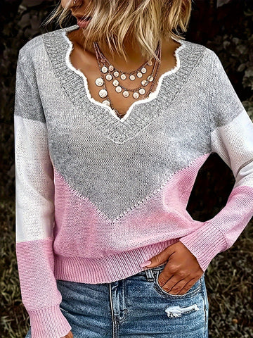 Color Block V Neck Sweater, Casual Long Sleeve Sweater