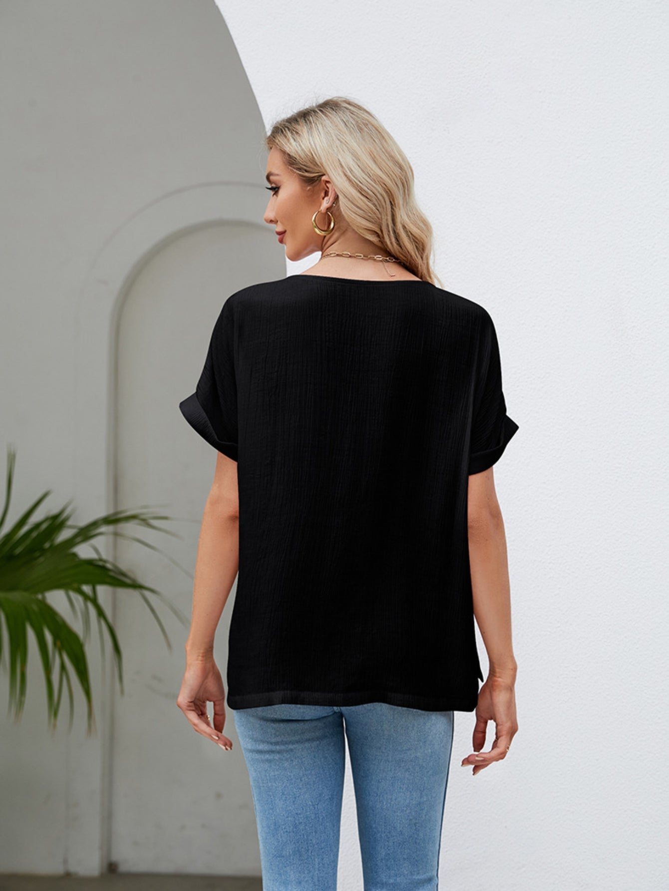 Solid Rolled Short Sleeve T-Shirt, Casual Crew Neck T-Shirt