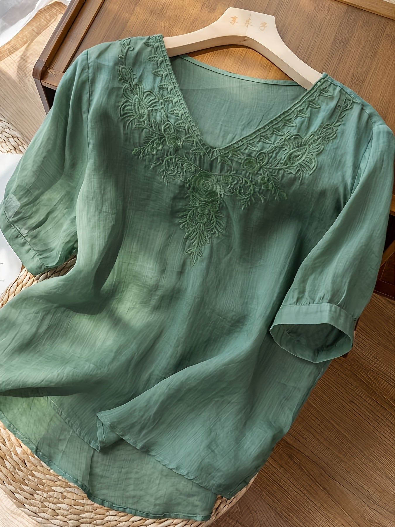 Floral Embroidery V Neck T-shirt, Vintage Half Sleeve Cotton Loose T-shirt
