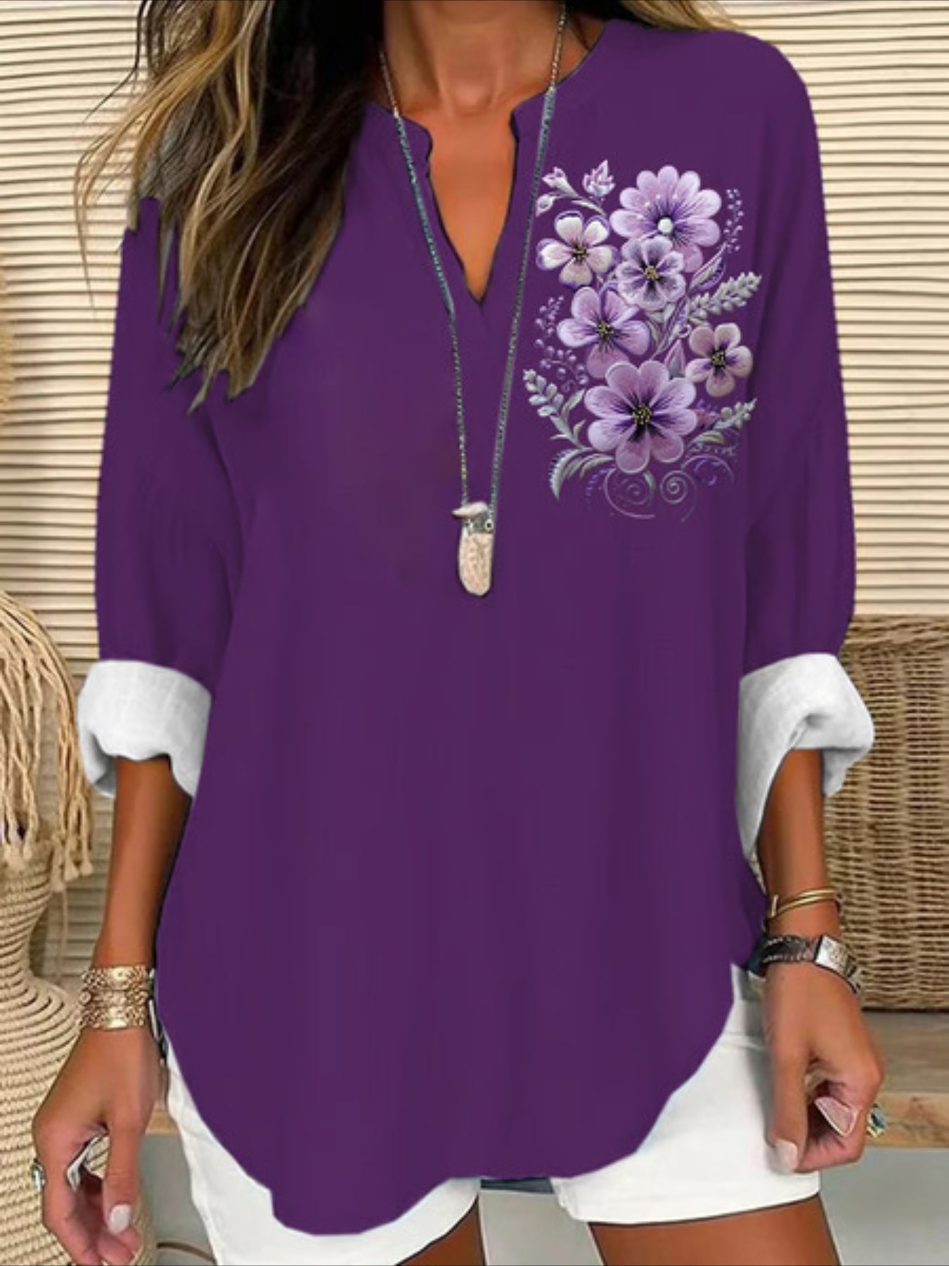 Abstract Long Sleeve Blouse Spring/Fall Printing V Neck Daily Casual Top