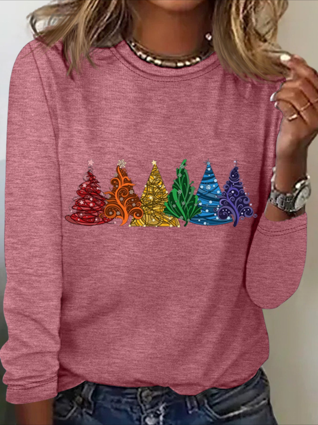 Christmas Tree Cotton-Blend Crew Neck Casual Long Sleeve Shirt
