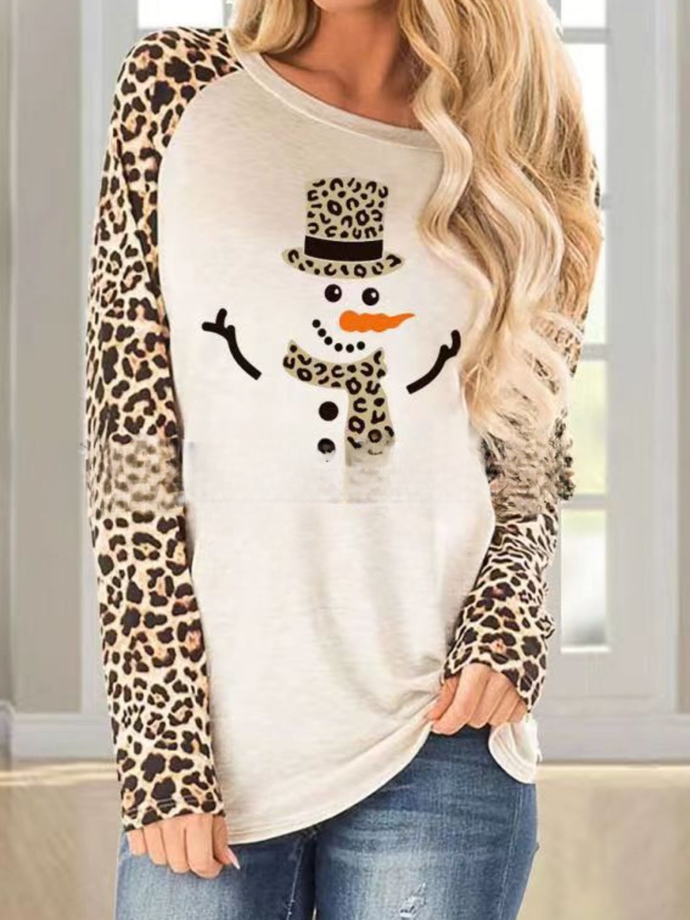 Snowman Pattern Crew Neck T-Shirt, Casual Long Sleeve Top