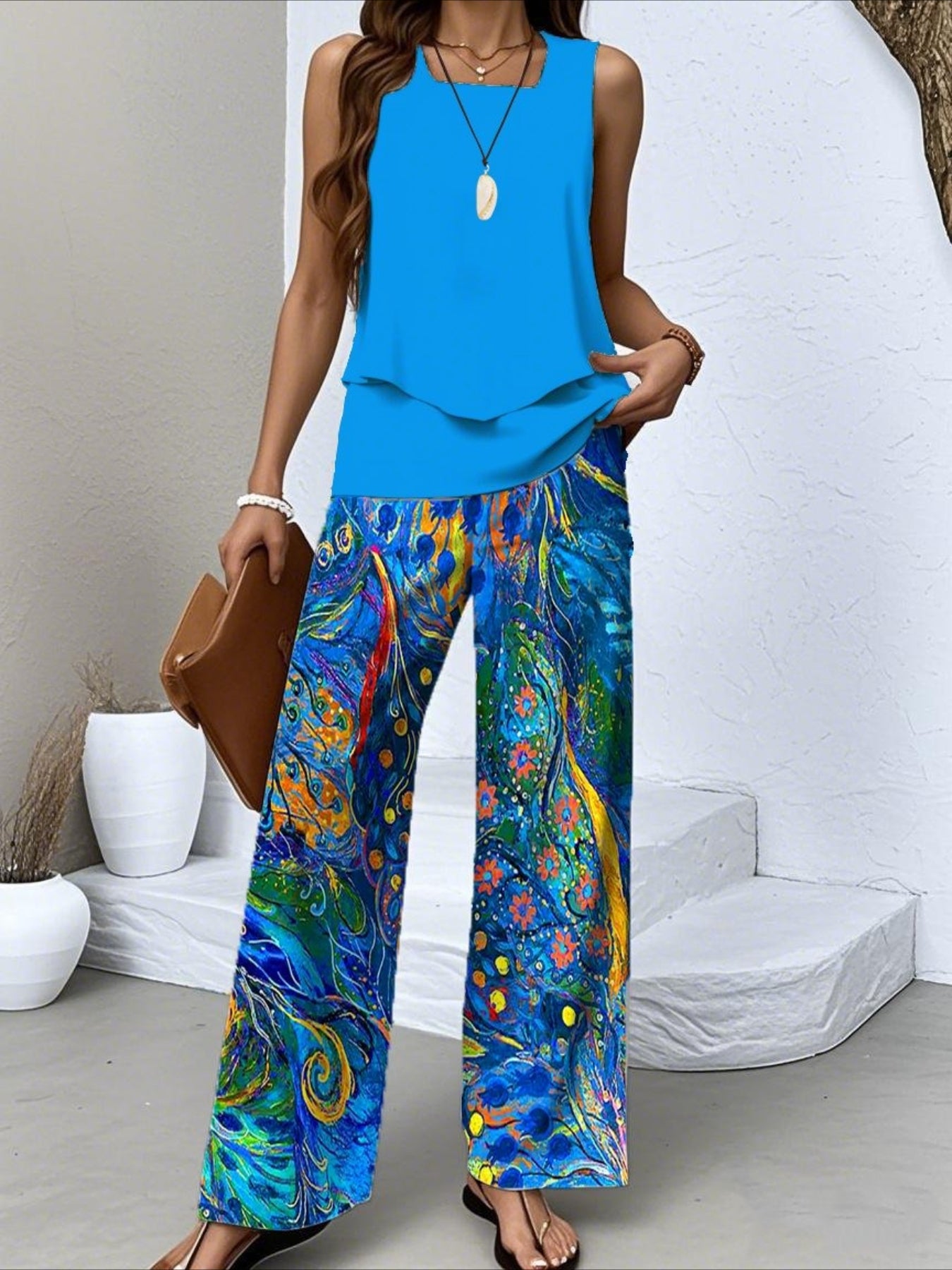 Crew Neck Sleeveless Layered Tank Top & Wide Leg Pants