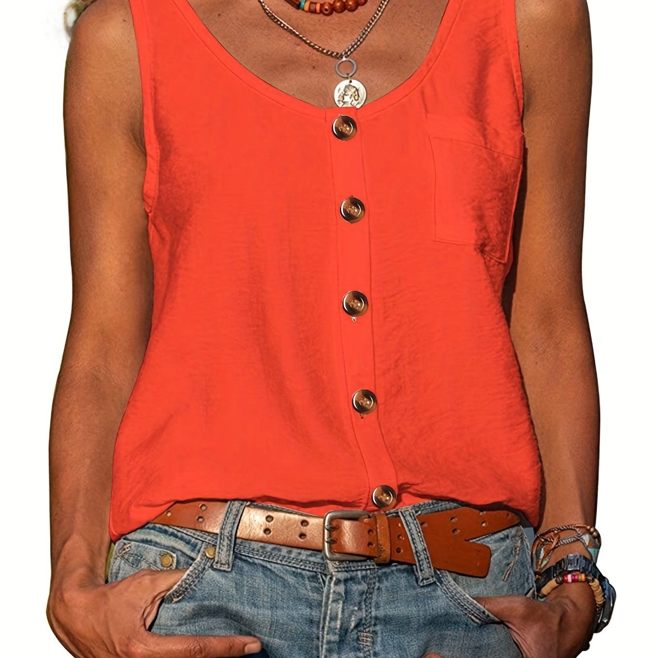 Button Front Scoop Neck Tank Top, Casual Summer Sleeveless Solid Tank Top