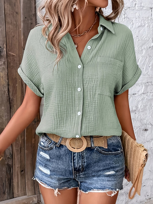 Women's Casual Short Sleeve Button Front Lapel Shirt - Comfortable and Stylish Top for Everyday Wear