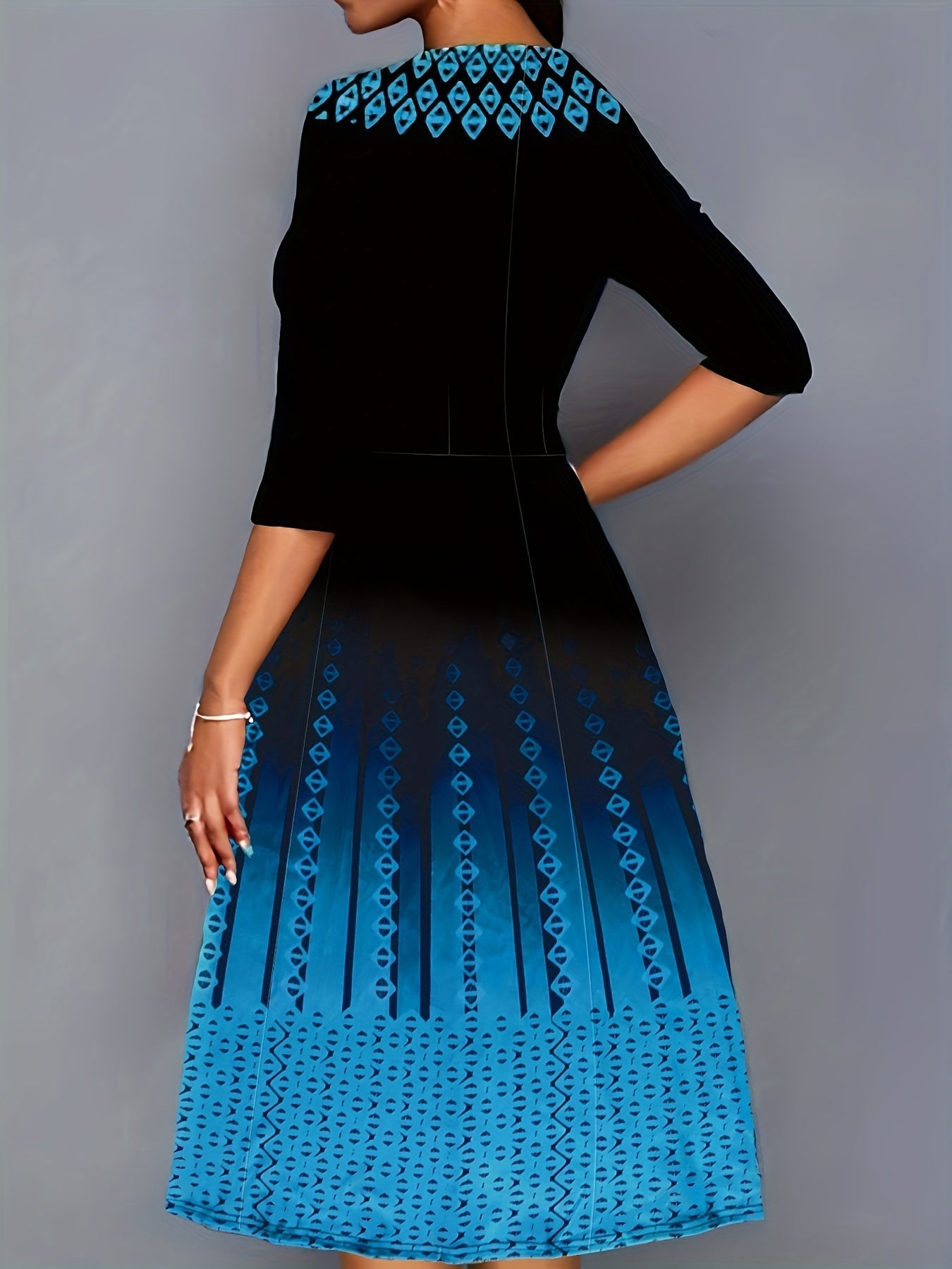 Argyle Print Color Block Dress, Casual Crew Neck Half Sleeve Midi Dress