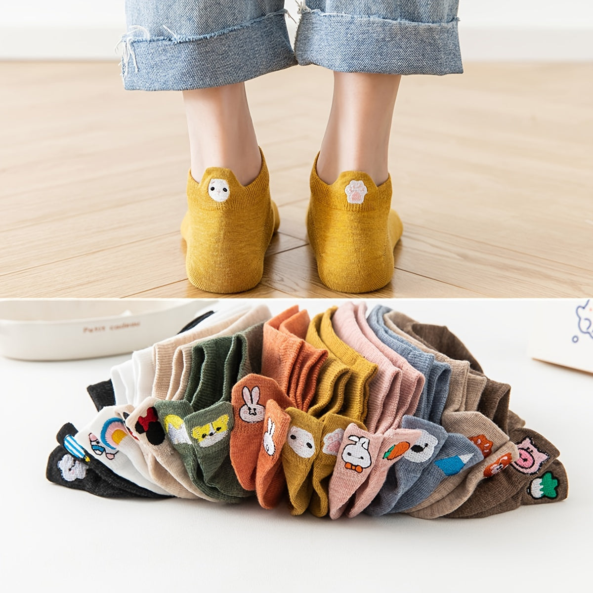 3/5/10 Pairs Cartoon Pattern Socks, Cute Animal & Vegetable Embroidery Ankle Socks