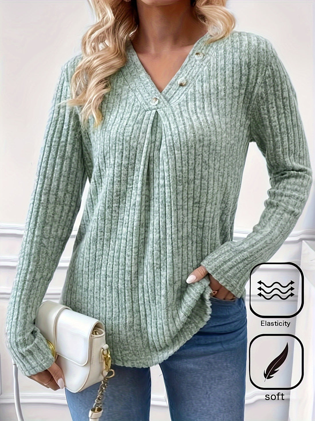 Striped V-Neck T-Shirt - Casual Long Sleeve, High Stretch Knit Top