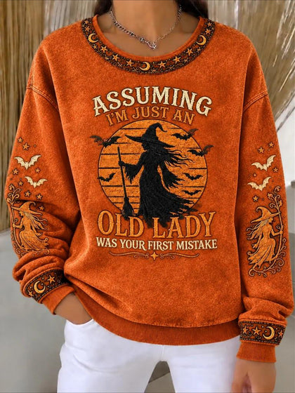 Old Lady Halloween Printed Crew Neck Long Sleeve Sweater Hoodie