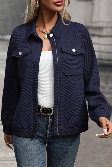 Navy Blue Solid Color Zip Up Button Flap Pocket Shirt Collar Jackets