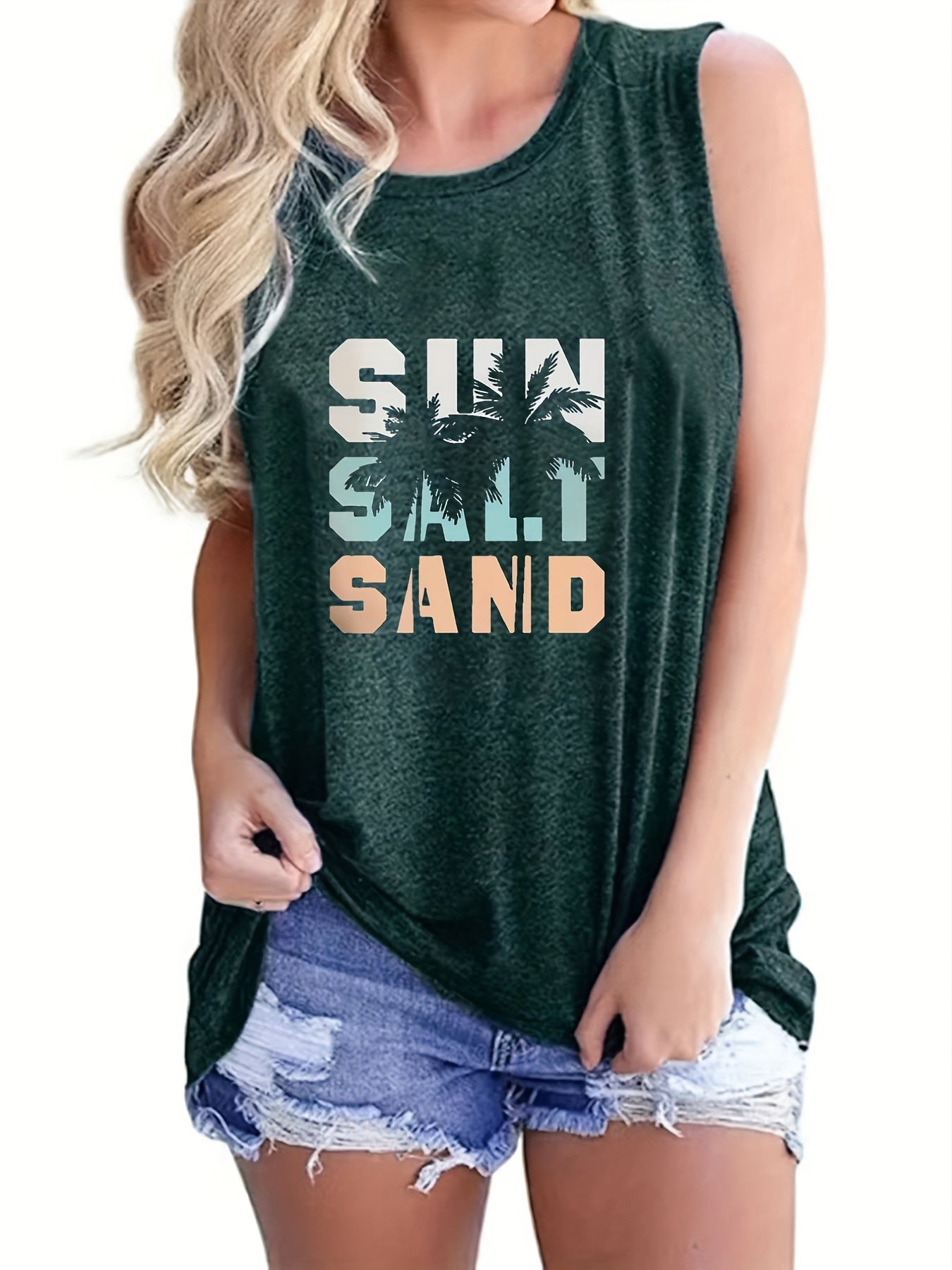 Sun Salt Sand Print Tank Top, Casual Sleeveless Crew Neck Beach Tank Top