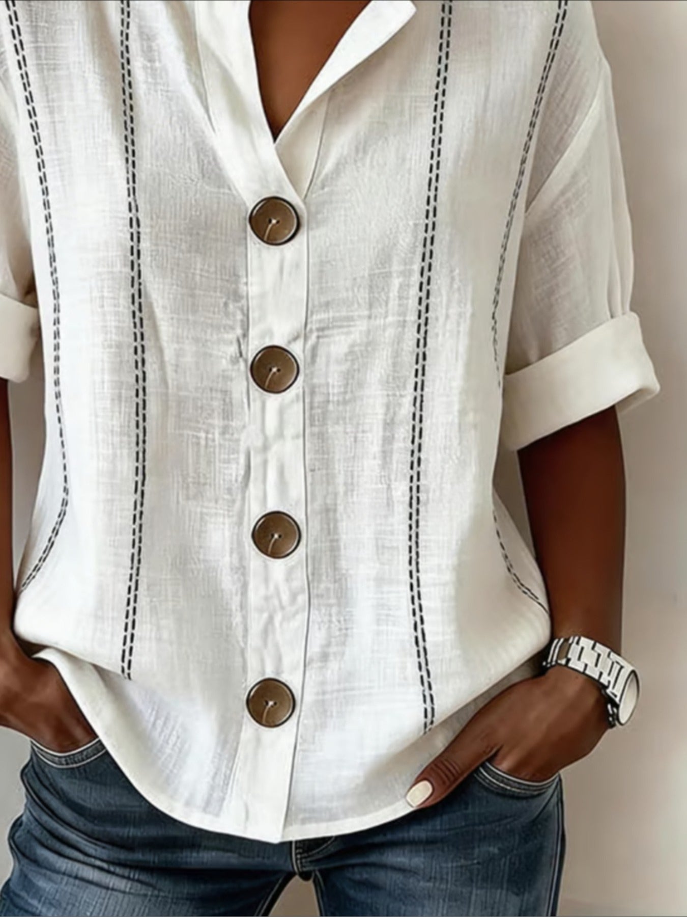Strip Loose Stand Collar Simple Linen Blend Long Sleeve Shirt