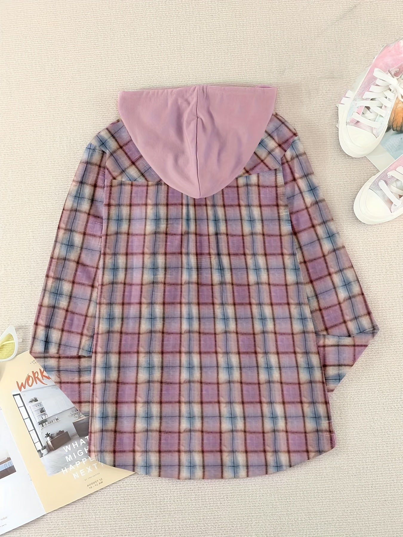 Plaid Print Hooded Shirt, Casual Long Sleeve Drawstring Shirt
