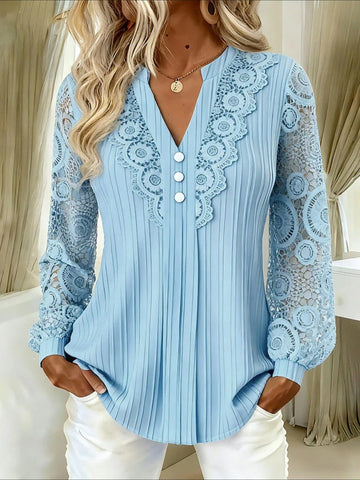 Solid Color V Neck Lace Long Sleeve Shirt