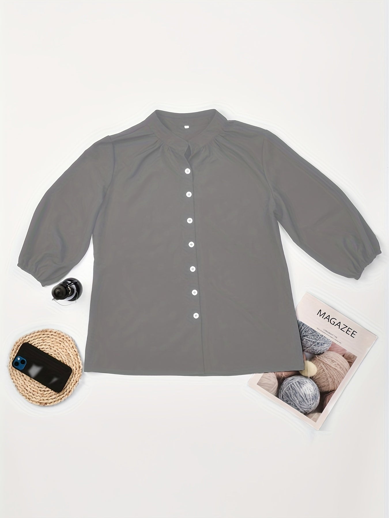 Solid Button Front Blouse, Casual Stand Collar Long Sleeve Blouse