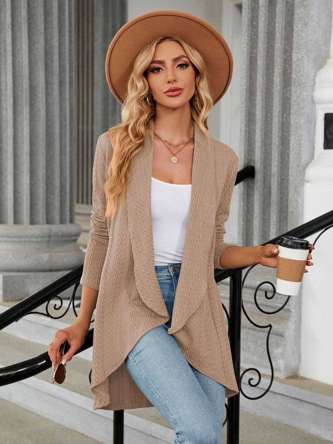 Cable Knit Shawl Collar Cardigan, Open Front Long Sleeve Cardigan