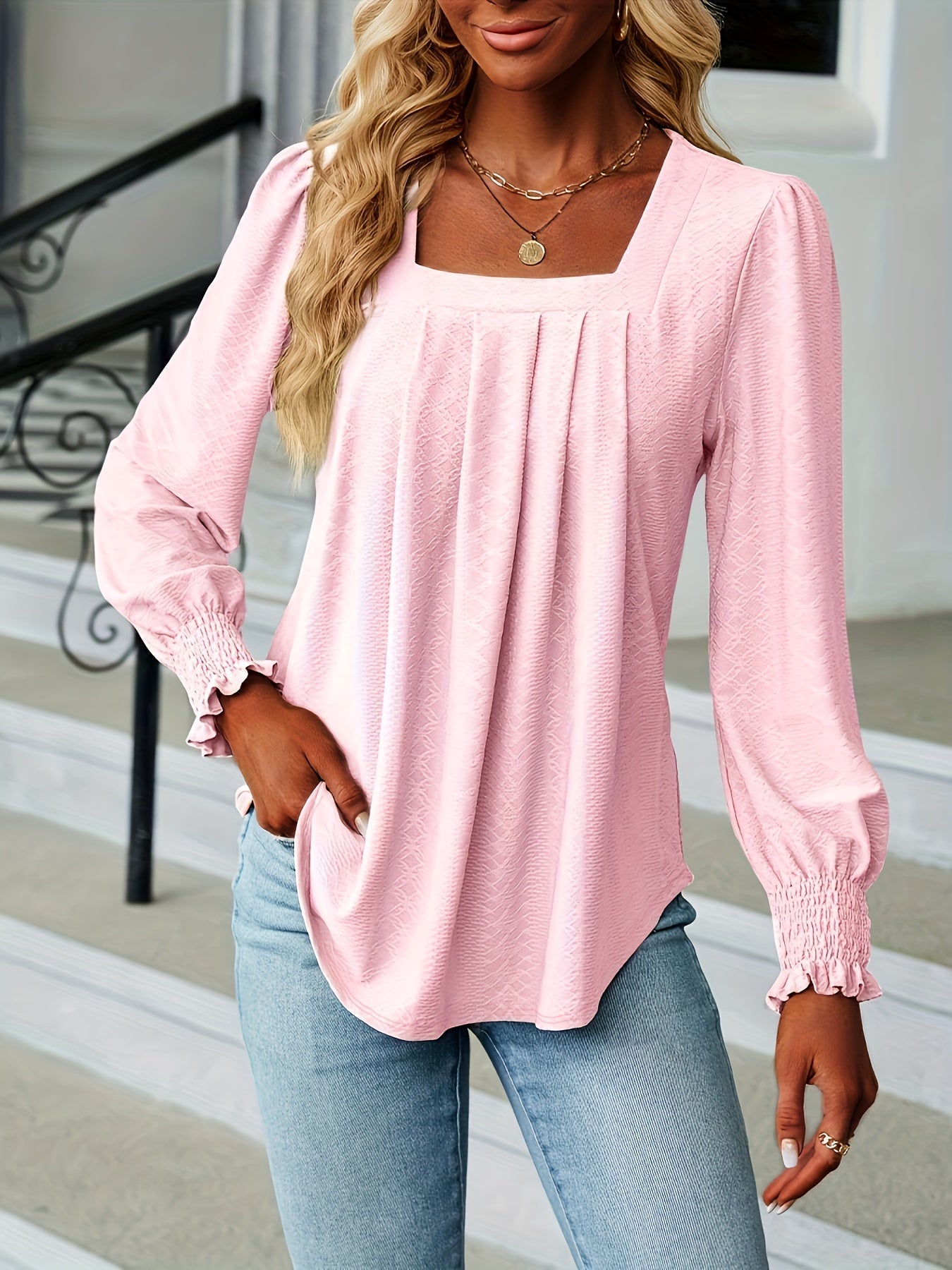 Elegant T-shirt, Women's  Argyle Textured Shirred Lantern Sleeve Square Neck Ruched Top