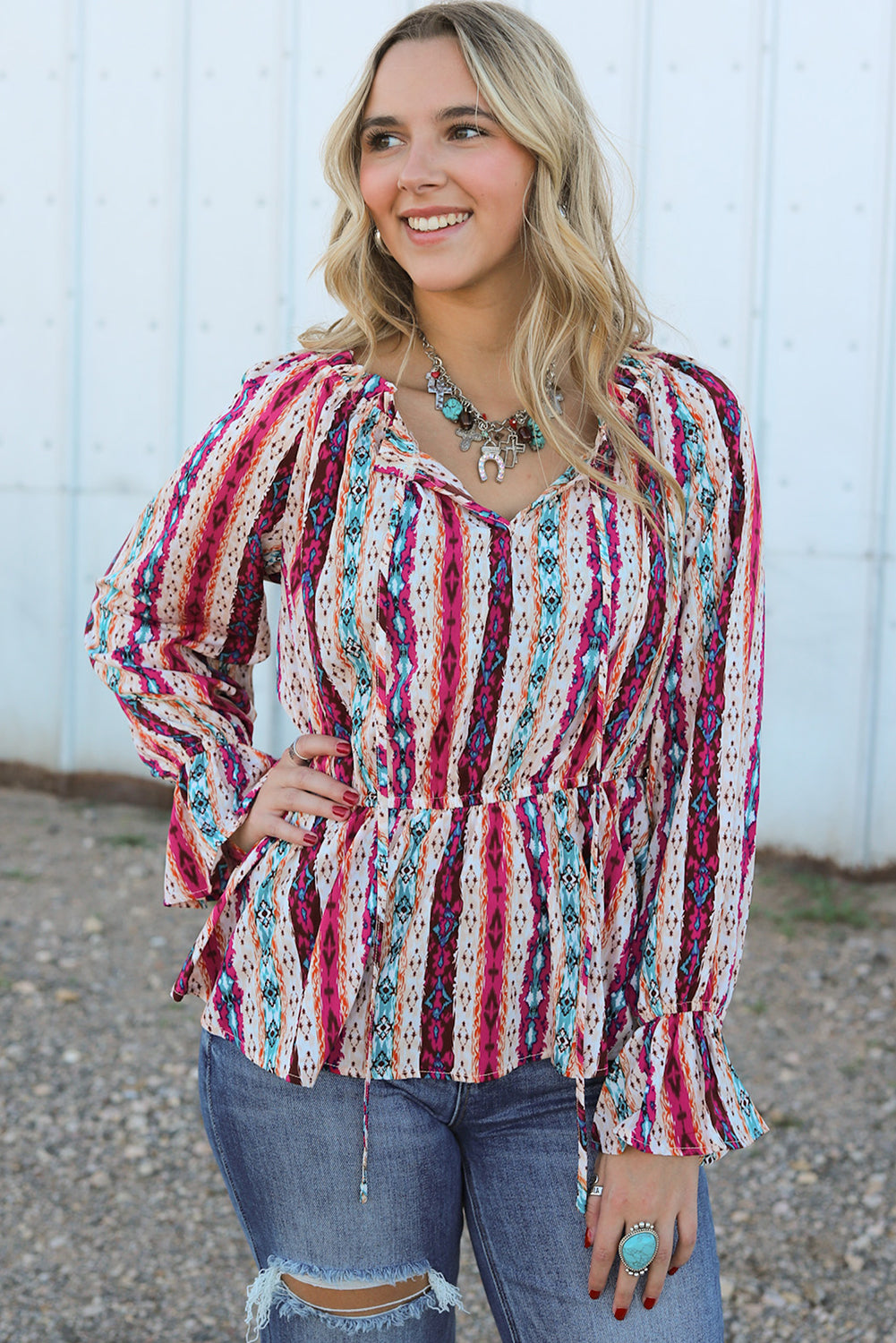 Multicolour Western Aztec Split Neck Peplum Blouse