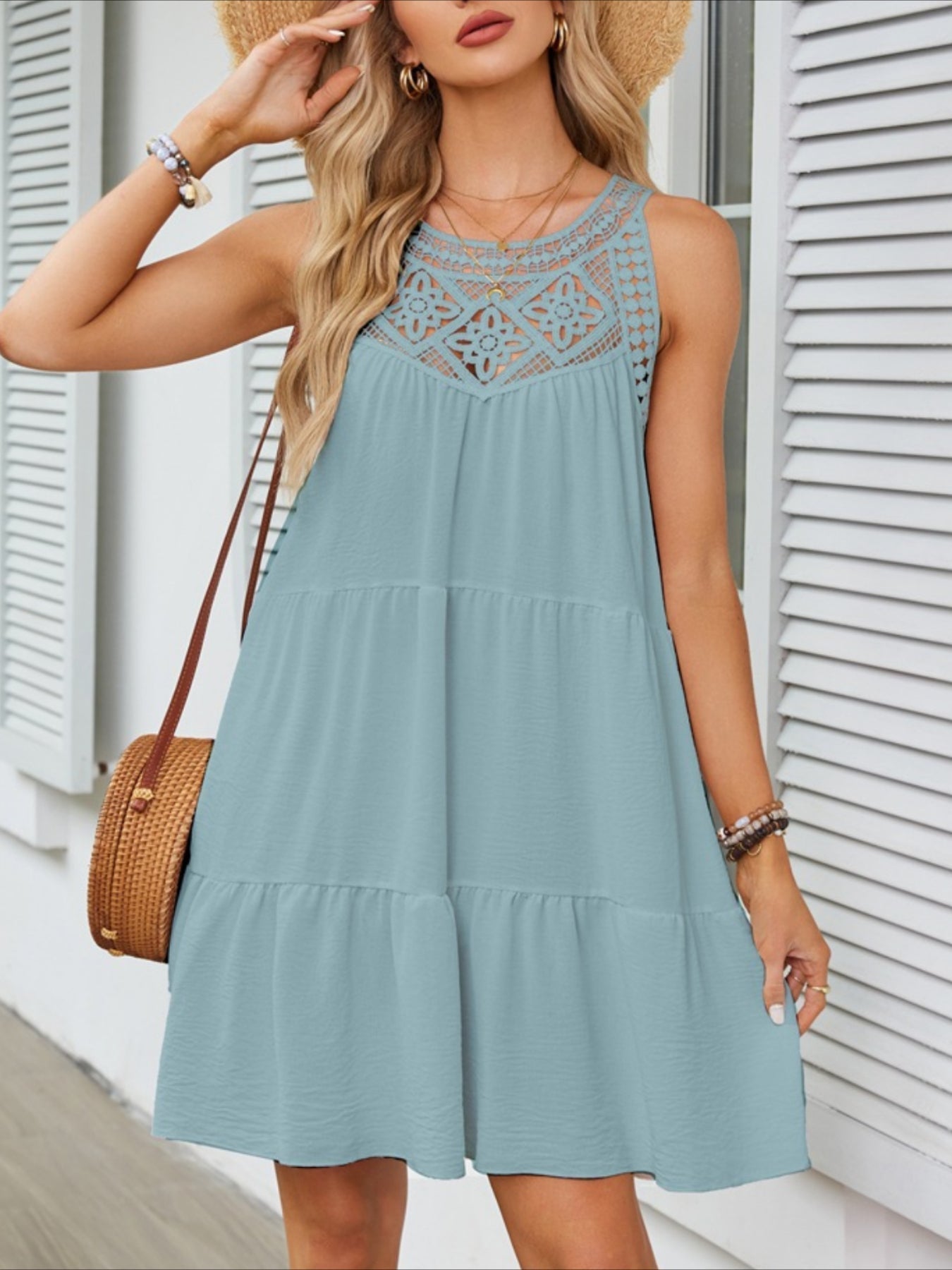 Women's Fashion Sexy Sleeveless Round Neck Hollow Solid Color Style Short dress