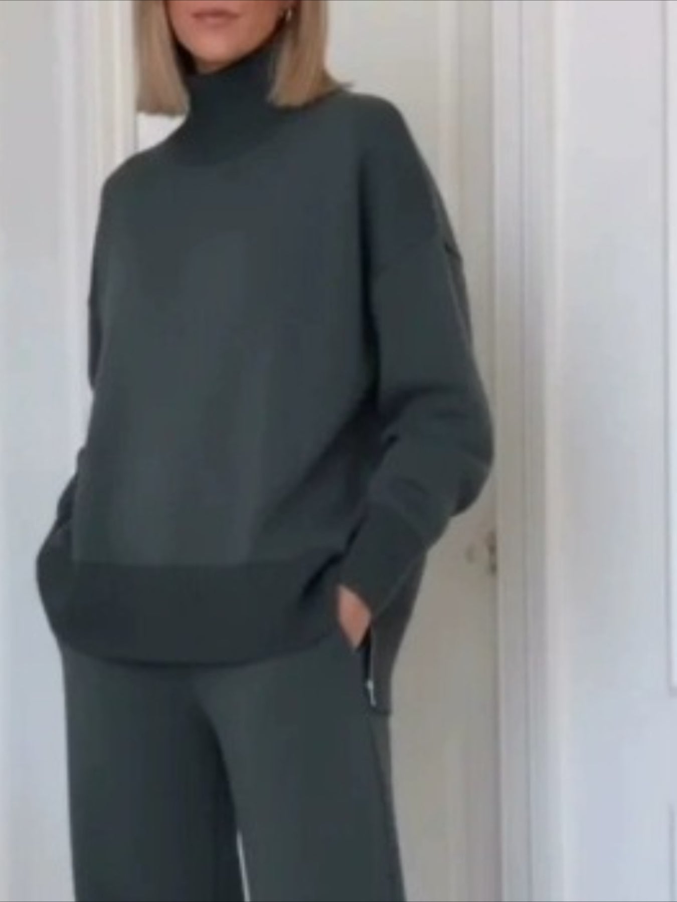 Casual Travel Stand Collar Side Zipper Top Straight Pants Two-Piece Set