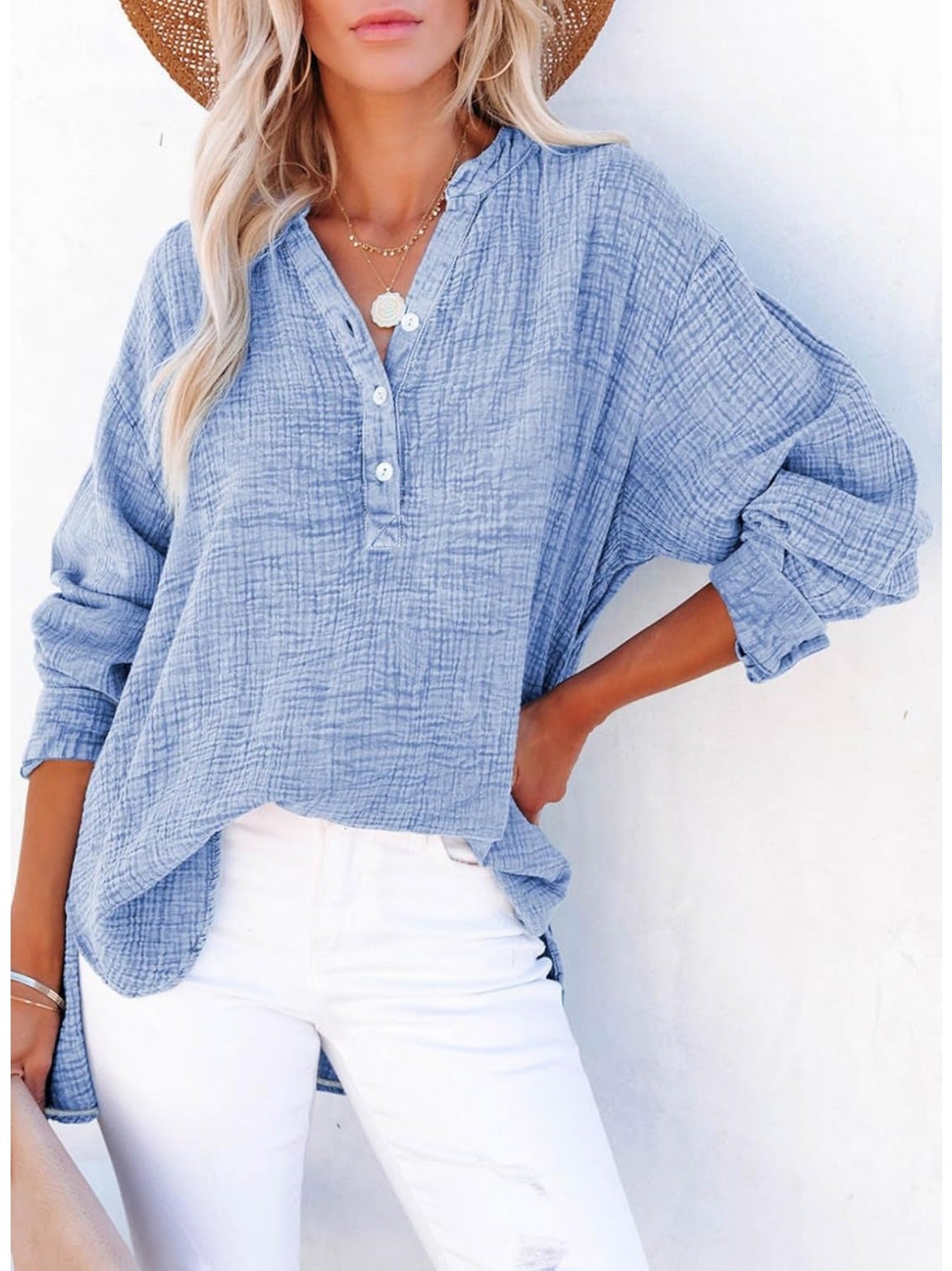 Long Sleeve Button Solid Color Pleated Detail Casual Oversized V-Neck Blouse