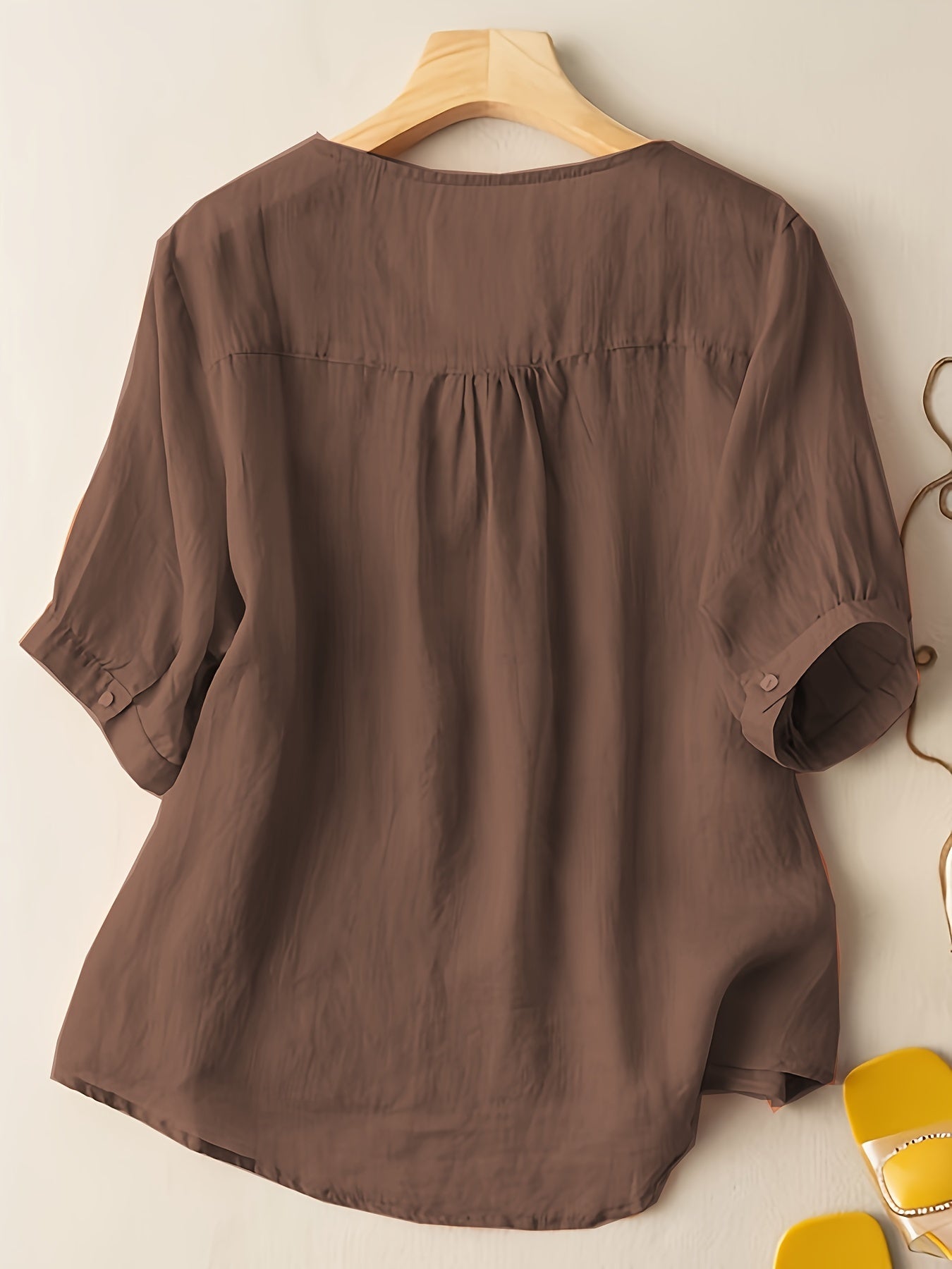 Floral Embroidery V Neck T-shirt, Vintage Half Sleeve Cotton Loose T-shirt