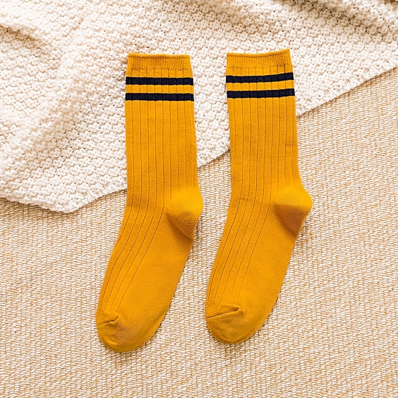 5/10 Pairs Solid Patched Stripes Crew Socks, Basic Sports Business Stockings