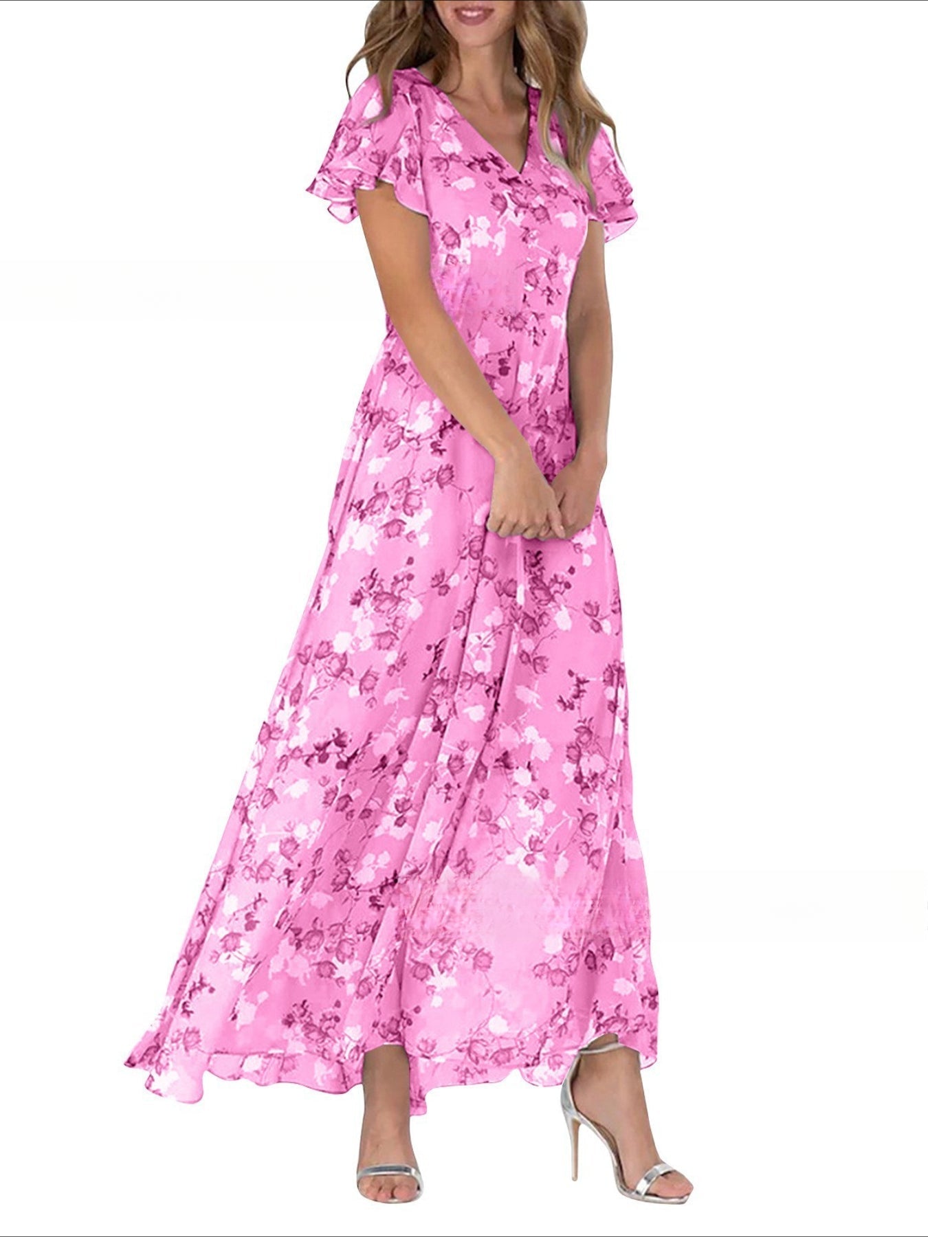Elegant Floral Print V-Neck Maxi Dress