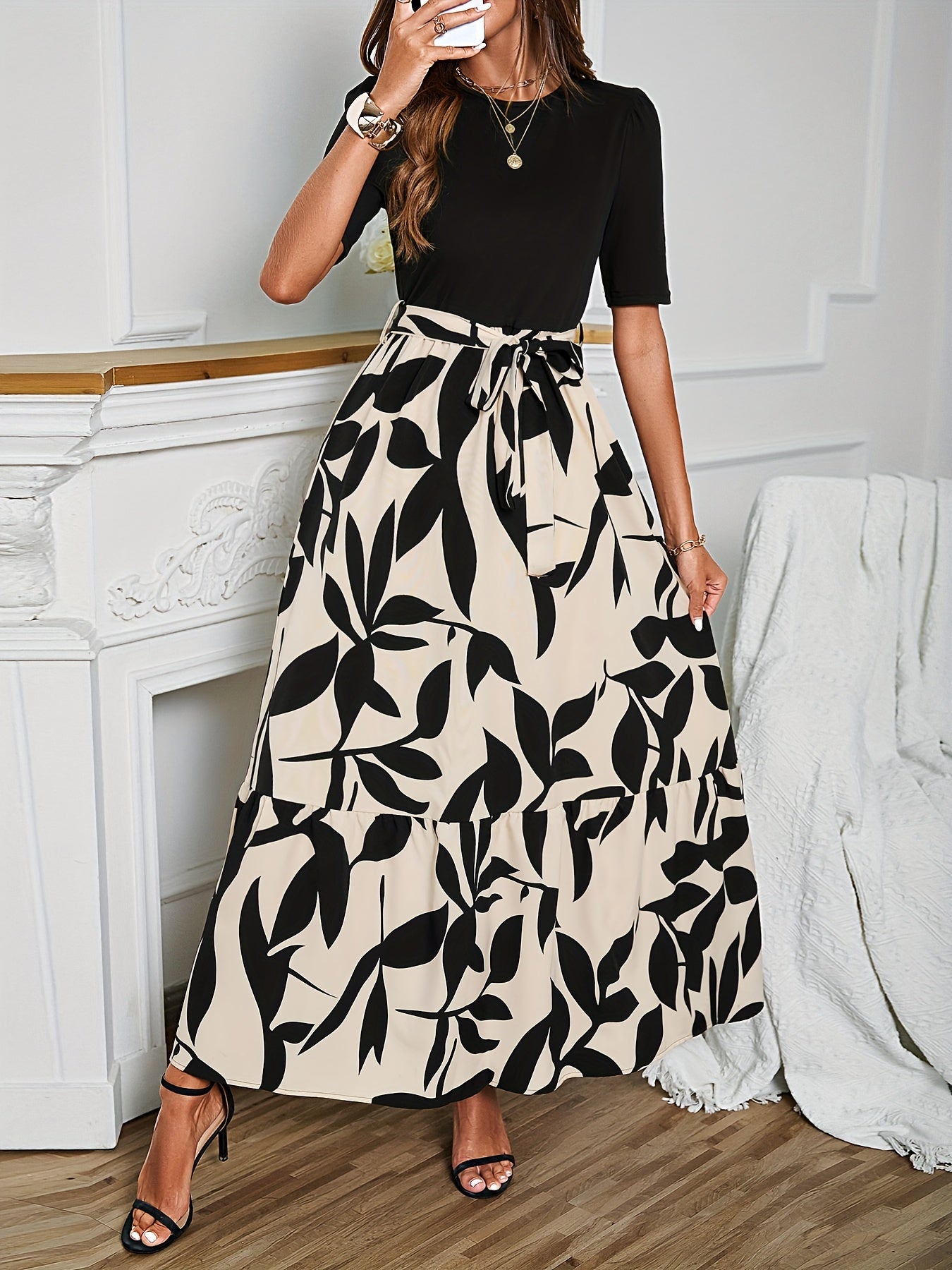 Floral Print Crew Neck Dress, Elegant Short Sleeve Dress