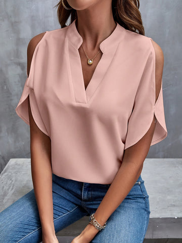 Solid Notched Neck Simple Blouse
