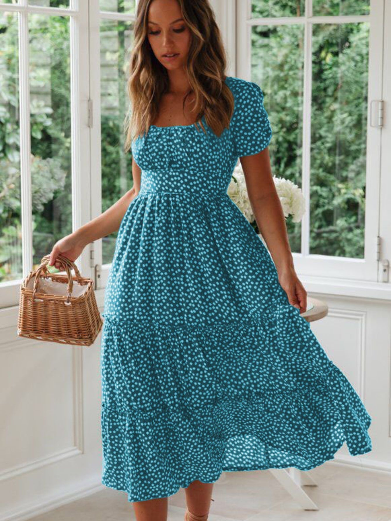 Polka Dot Ruffle Hem Dress, Casual Square Neck Short Sleeve Dress