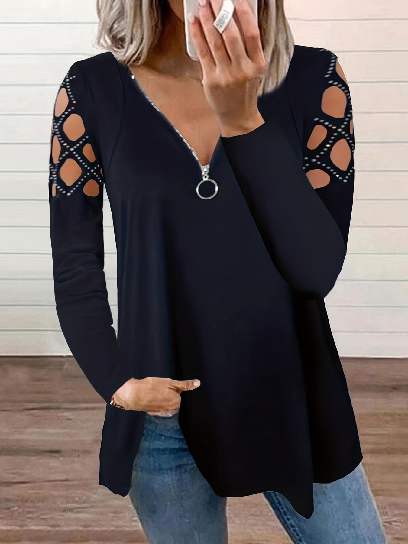 Cutout Zipper Front T-Shirt, Casual V Neck Long Sleeve T-Shirt