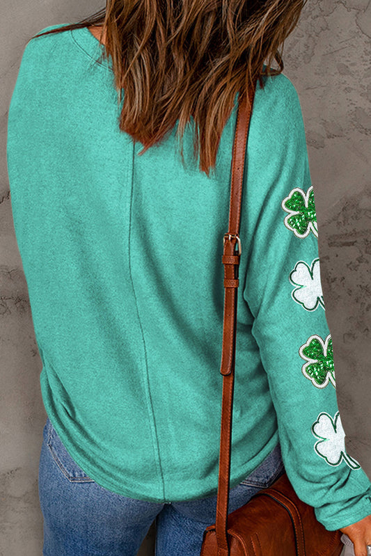 Green Sequined St Patrick Clover Patched Long Sleeve Top