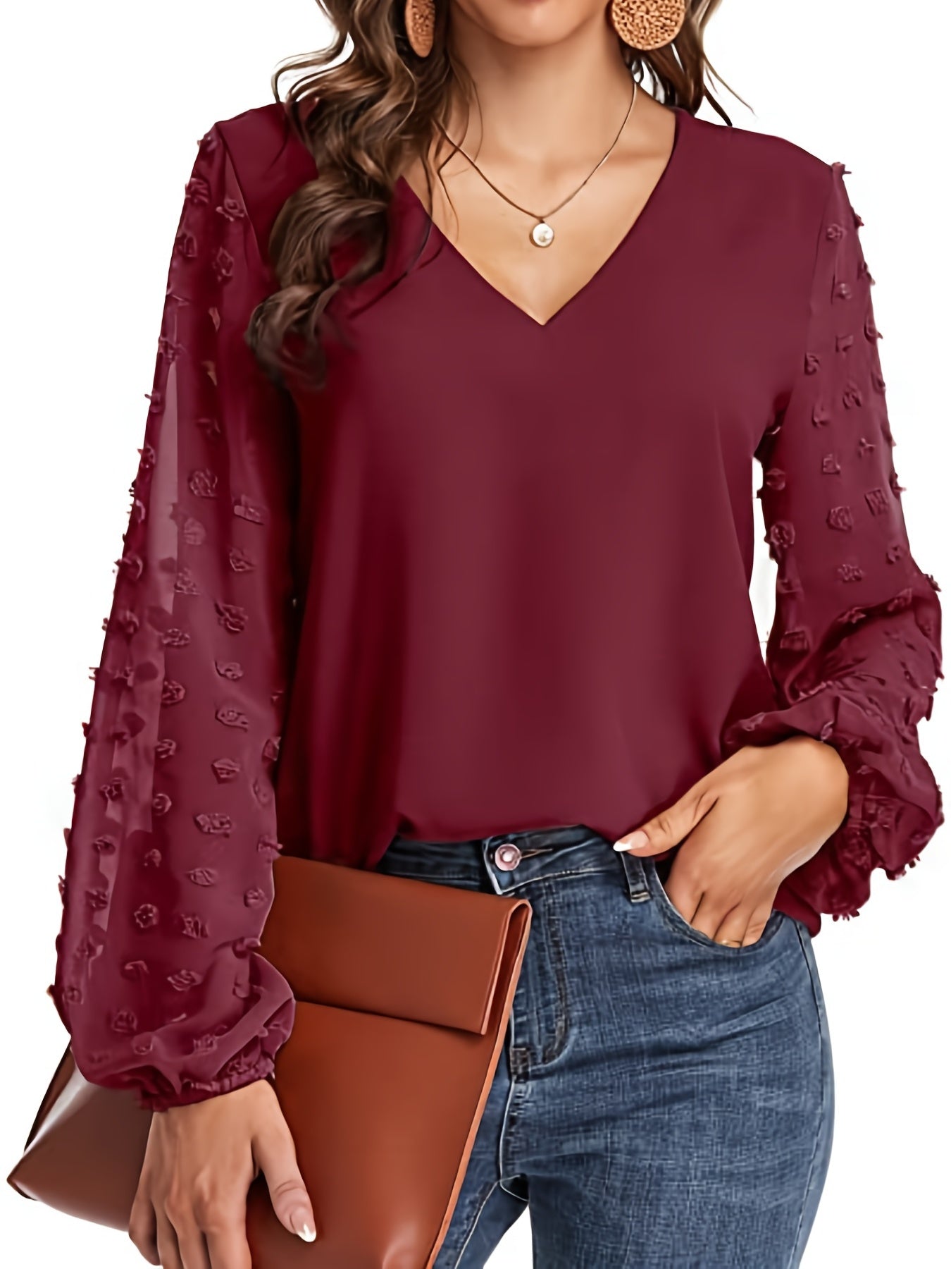 Swiss Dot Sleeve Shirt, Casual V Neck Solid Shirt